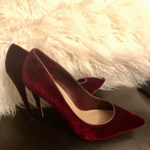 Burgundy suede pointed toe heels